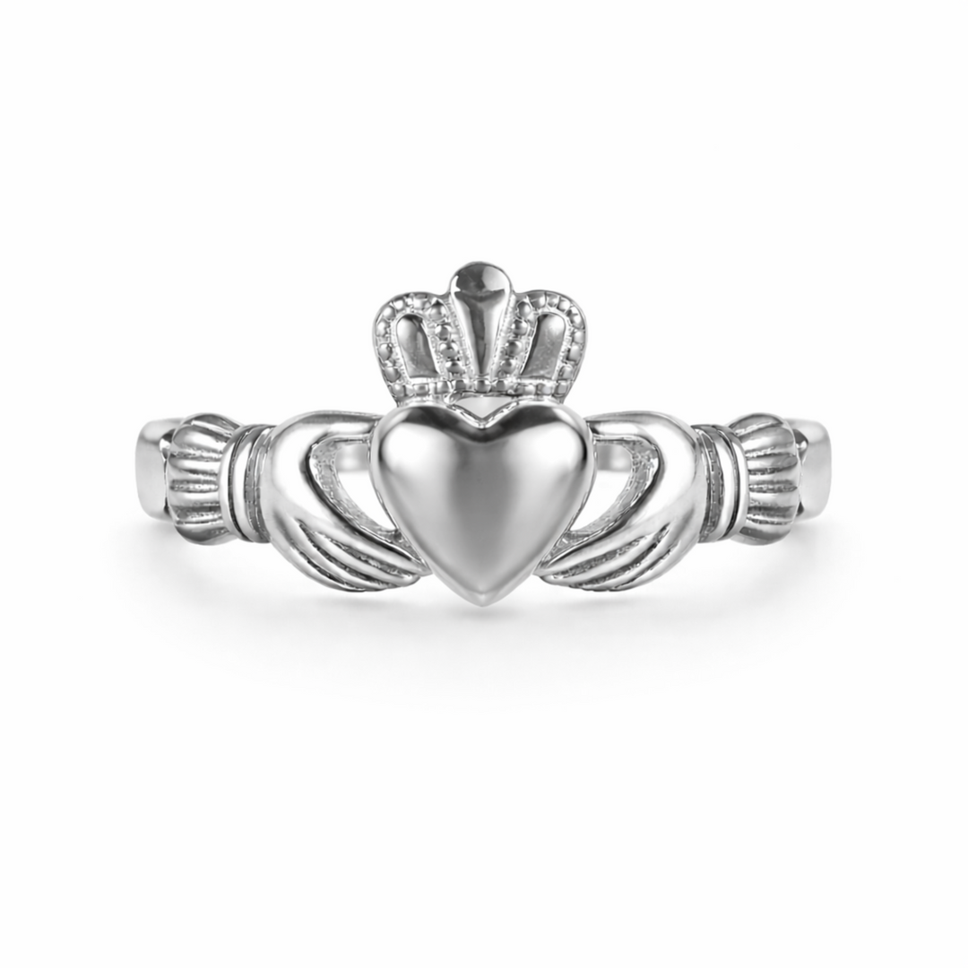 Silver Claddagh ring on a white background