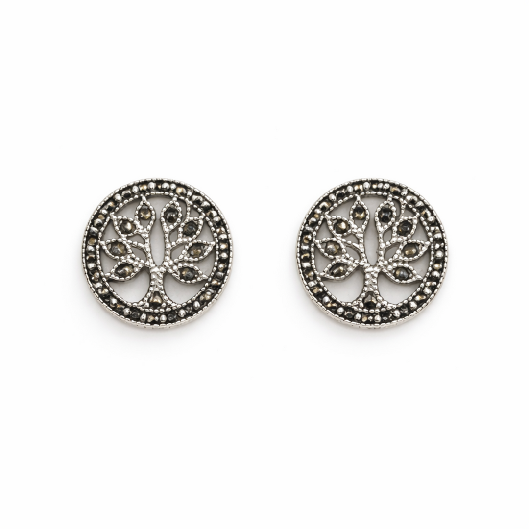 Pair of silver earrings with intricate design on a white background