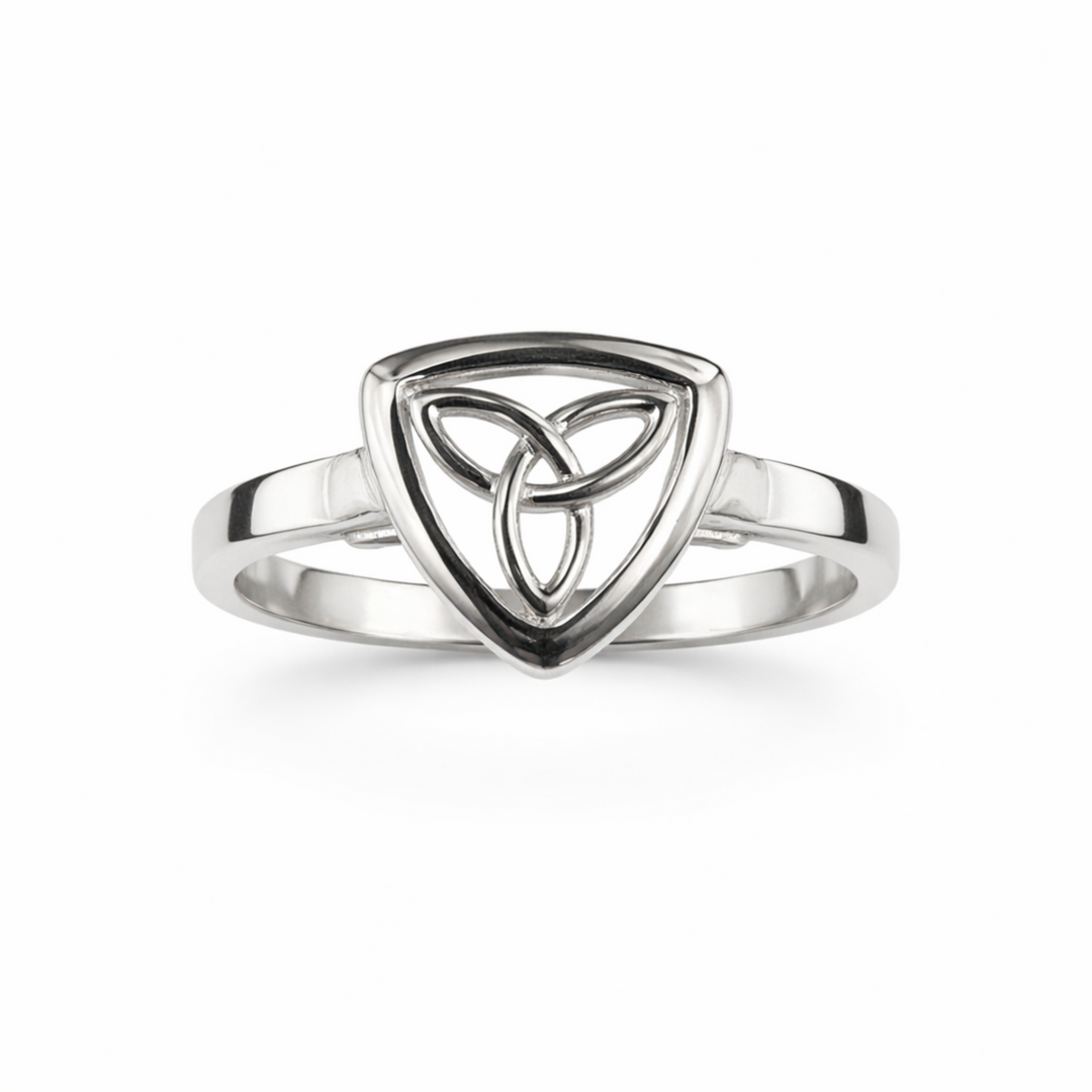 Silver ring with a Trinity Knot design on a white background