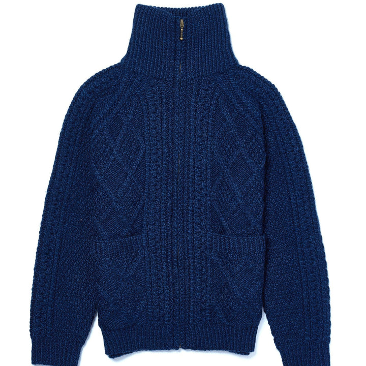 Blue knitted sweater with a pattern on a white background