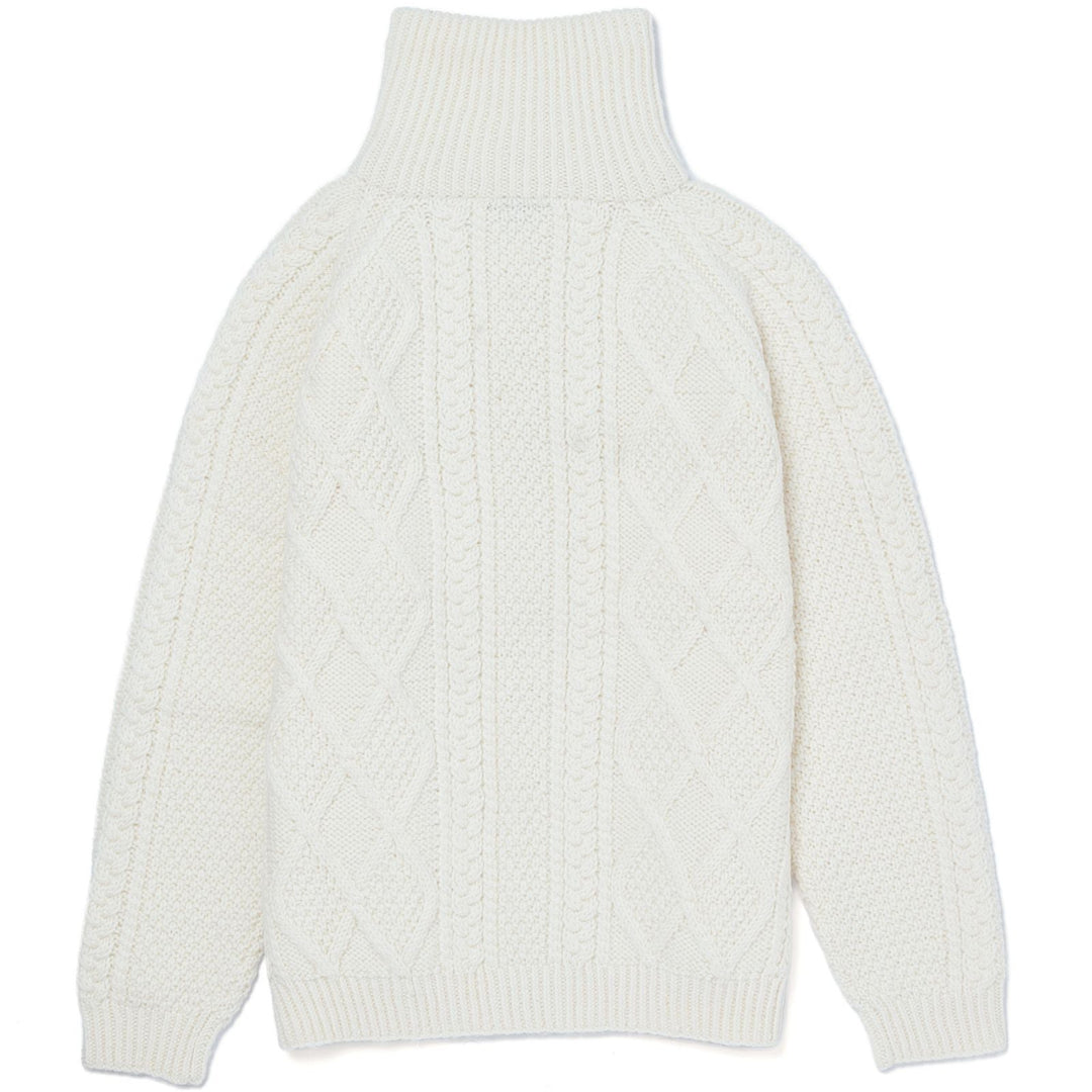 Back of white Aran knit jacket on a white background