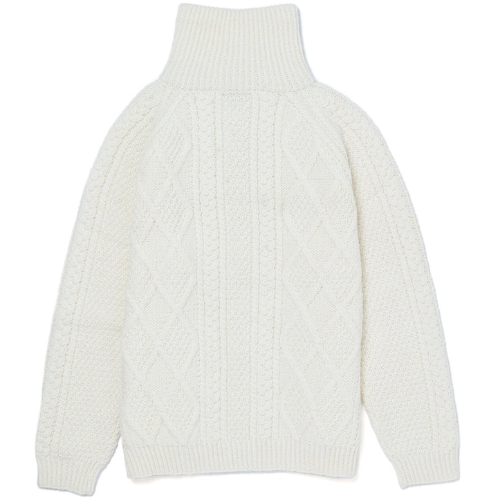Back of white Aran knit jacket on a white background