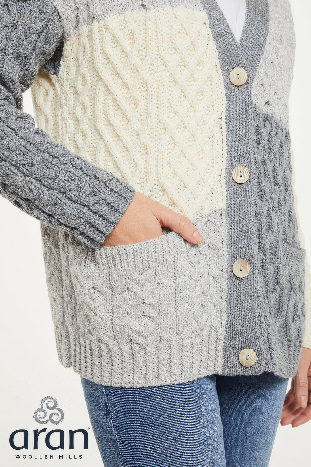 Howth Aran Patchwork Irish Merino Wool Cardigan