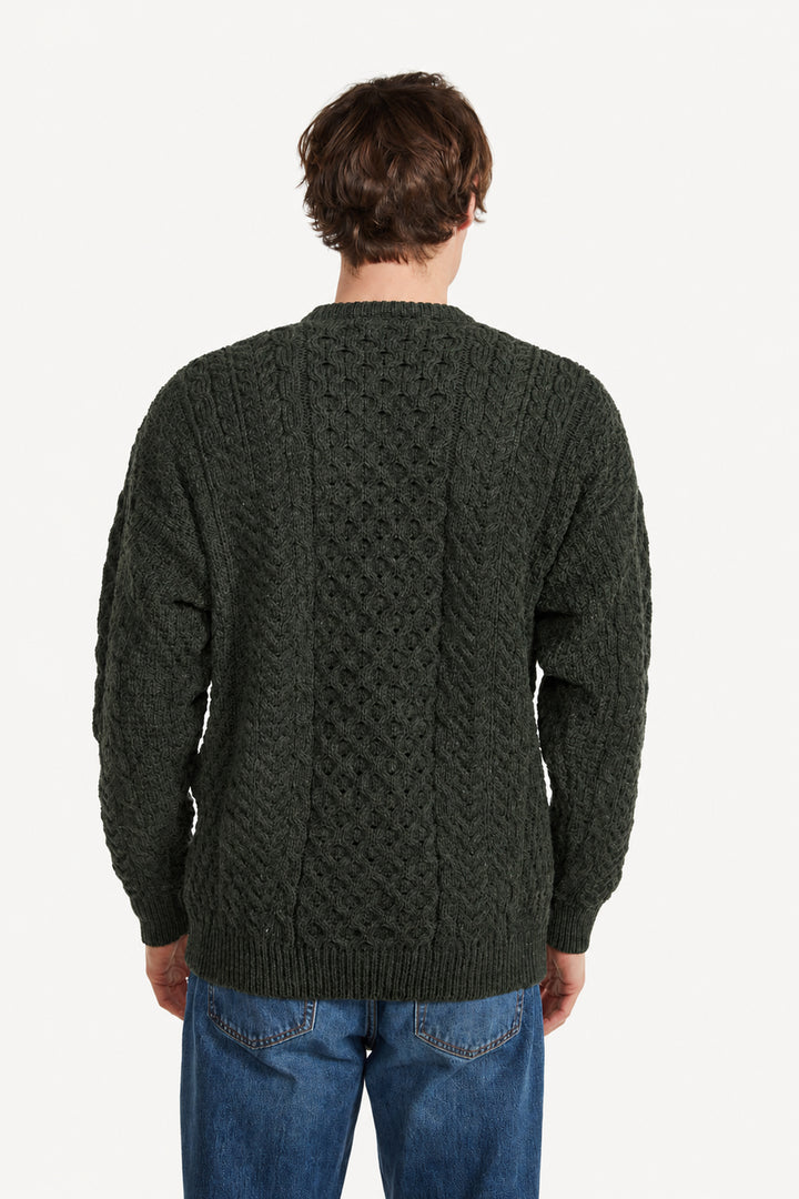 CLEARANCE - Traditional Aran Wool Crew Neck Loden Green Sweater