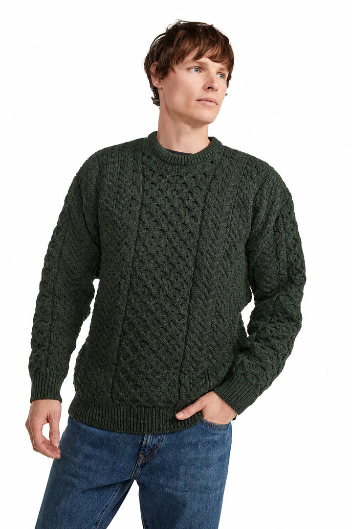 CLEARANCE - Traditional Aran Wool Crew Neck Loden Green Sweater