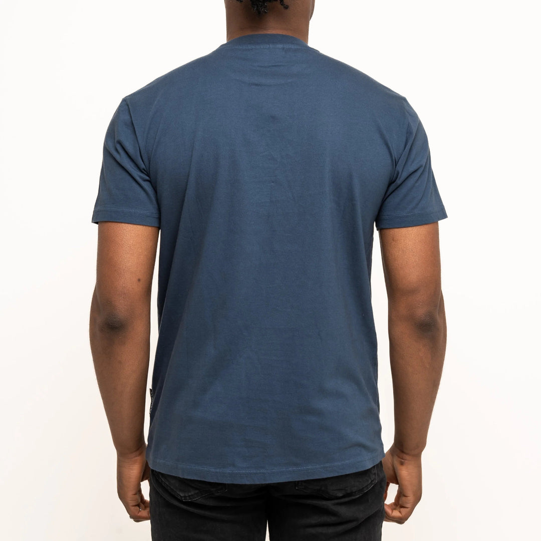 Person wearing a blue t-shirt on a white background
