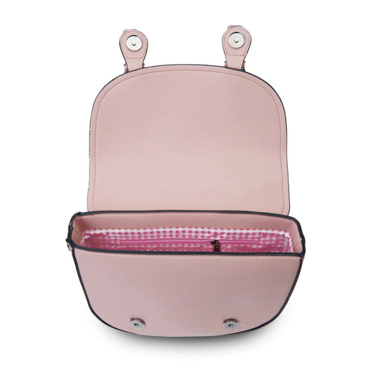 Pink backpack with a gingham lining on a white background