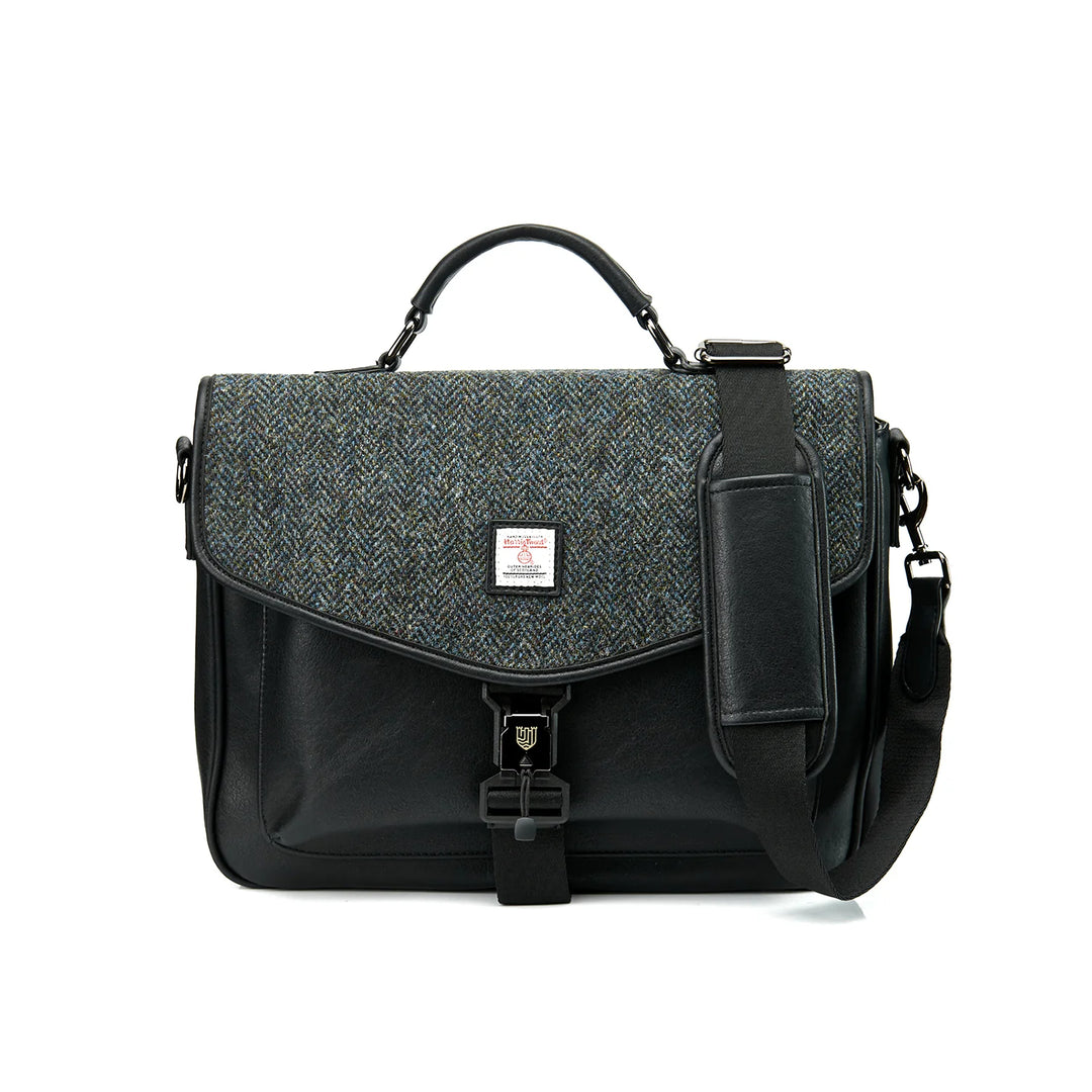 Gray and black checkered satchel bag with a visible brand label on a white background