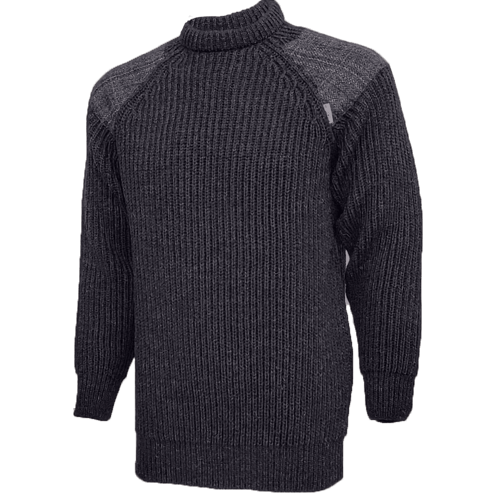 Dark gray ribbed sweater with a small white logo on a transparent background
