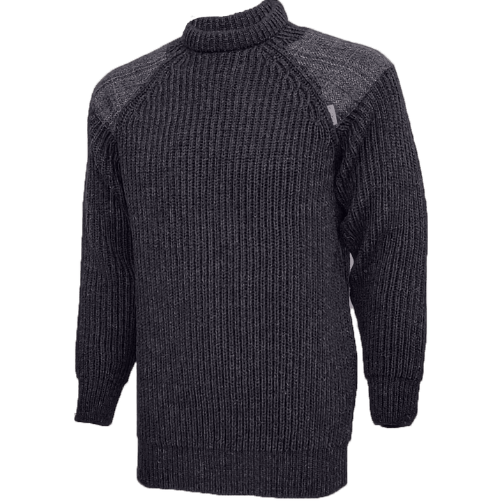 Dark gray ribbed sweater with a small white logo on a transparent background