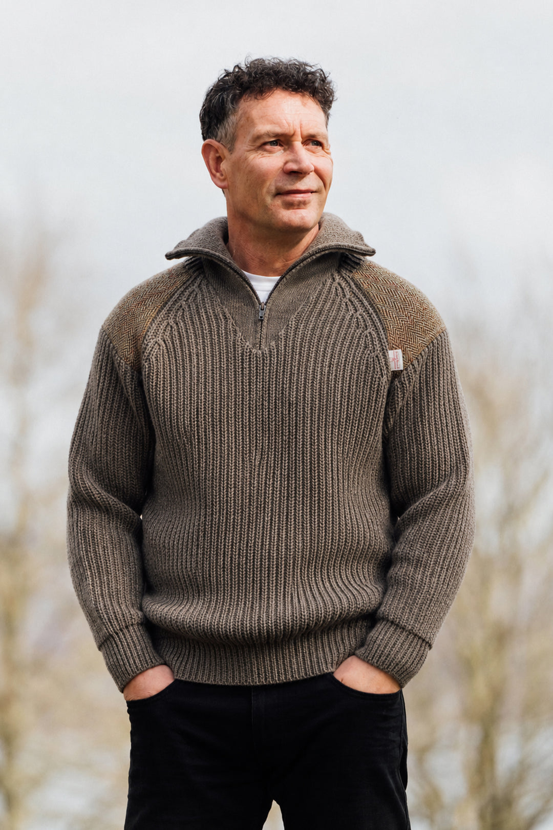 Men’s Raglan Quarter Zip Wool Sweater With Harris Tweed®