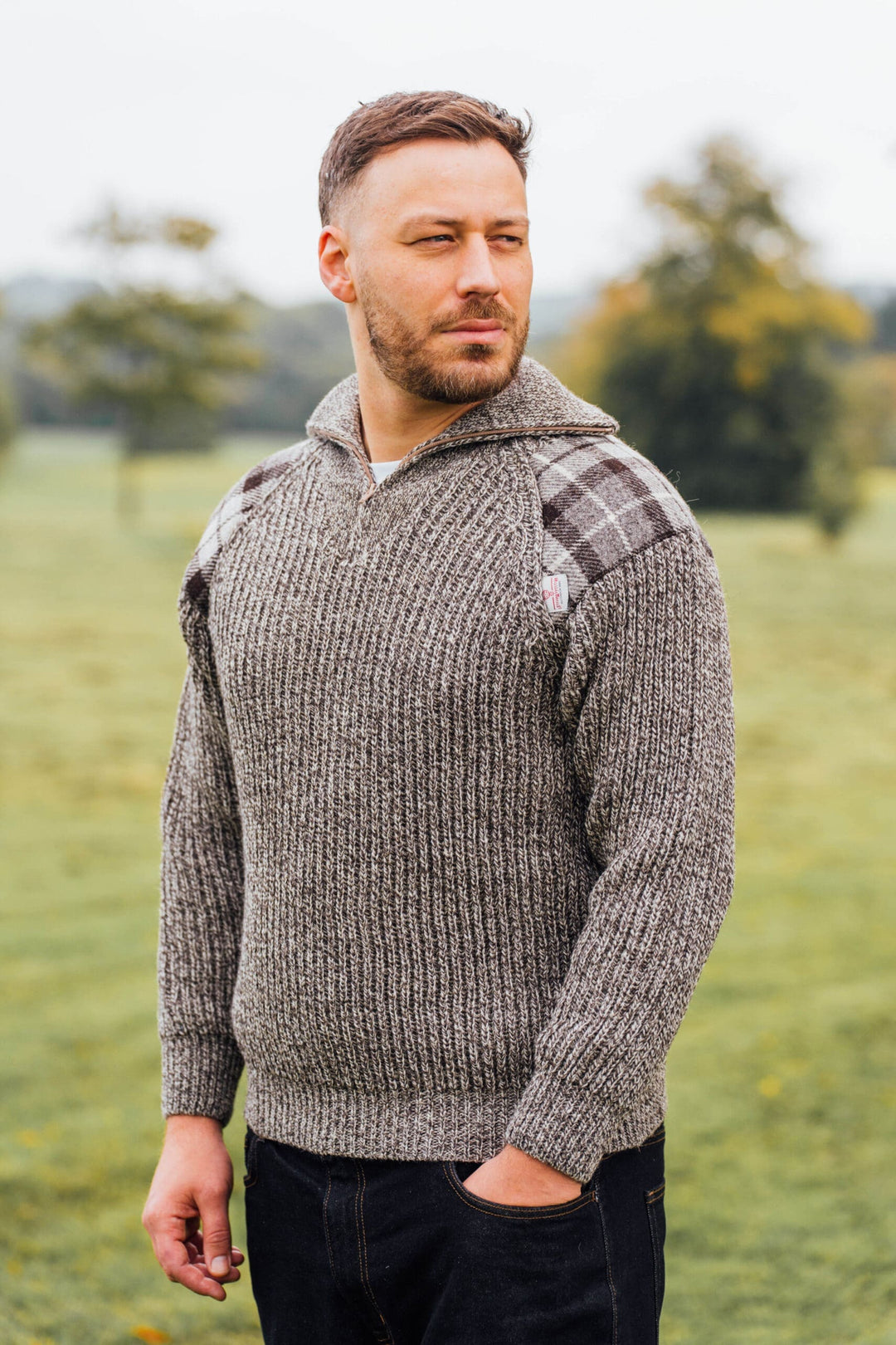 Men’s Raglan Quarter Zip Wool Sweater With Harris Tweed®