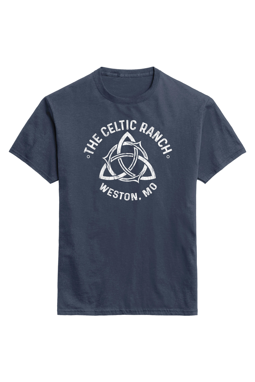 Navy blue t-shirt with white text and logo on a white background