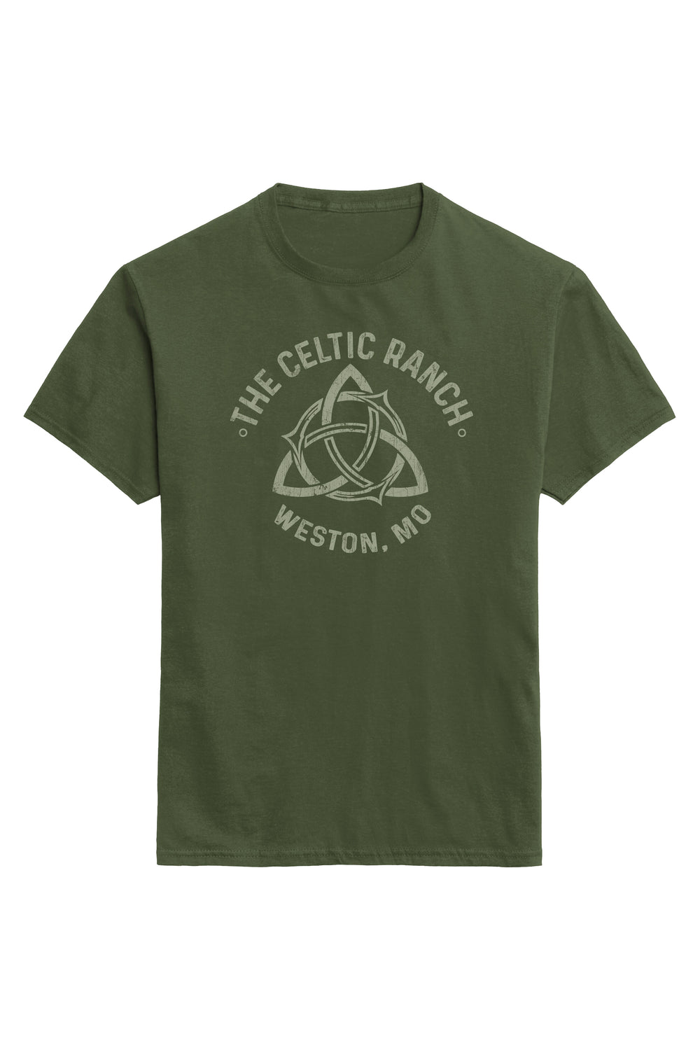 Green t-shirt with 'The Celtic Ranch Weston, MO' print on a white background