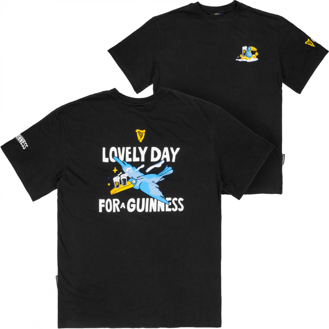 Black t-shirt with 'Lovely Day for a Guinness' graphic on a white background