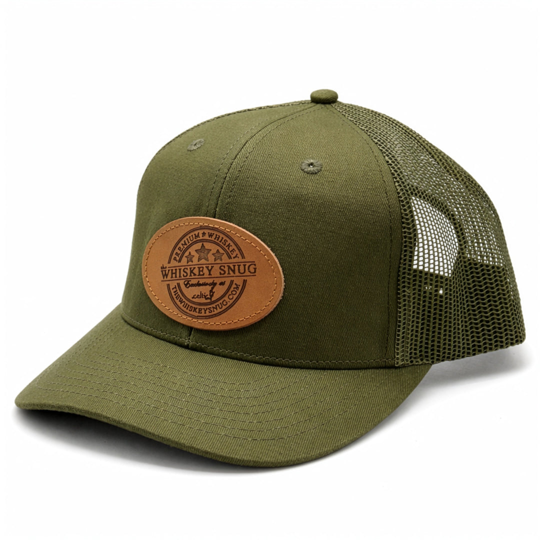 Green trucker cap with a leather patch on a white background