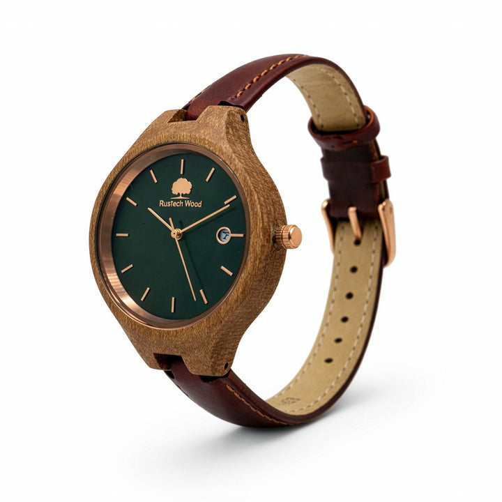 Wooden watch with brown leather strap on a white background