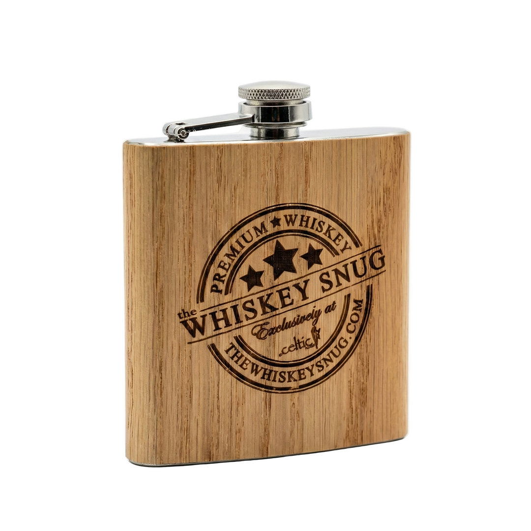 Wooden flask with 'Whiskey Snug' branding on a white background