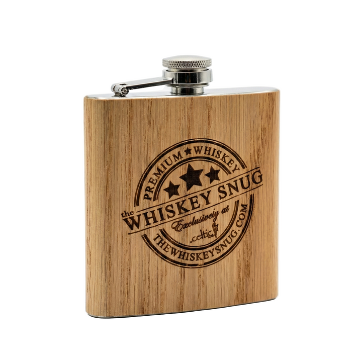 Wooden flask with 'Whiskey Snug' branding on a white background