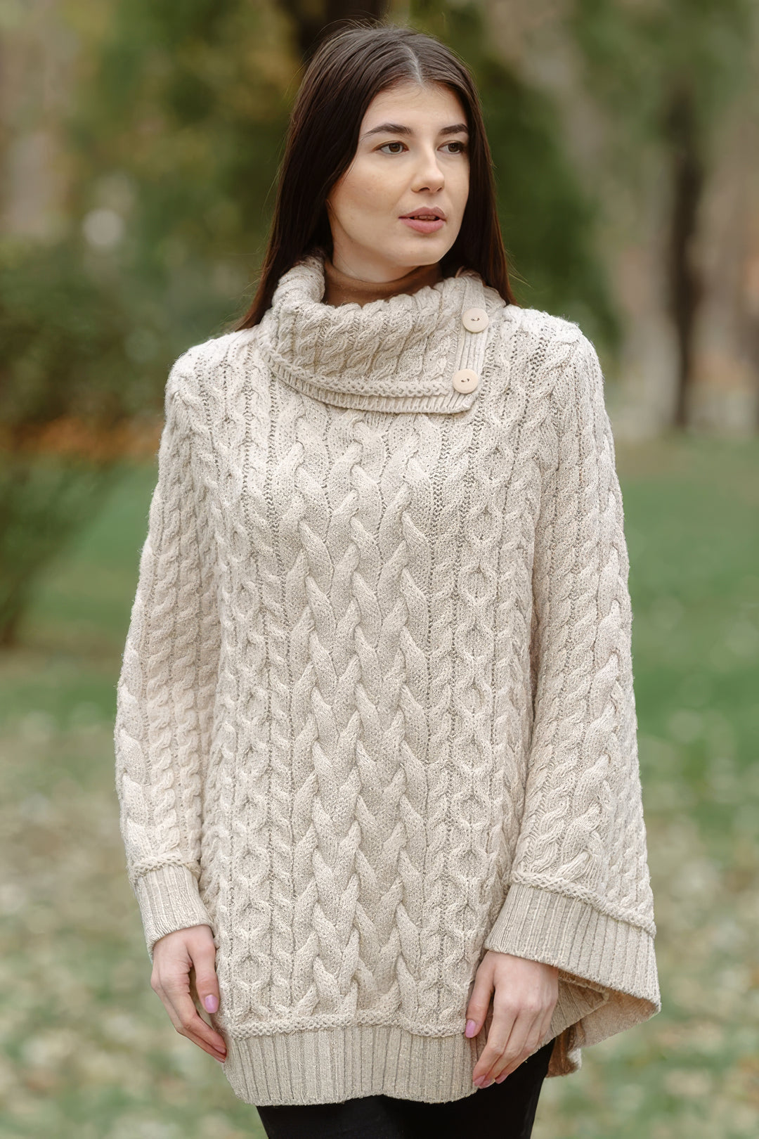 Women’s Merino Wool Cowl Neck Button Poncho