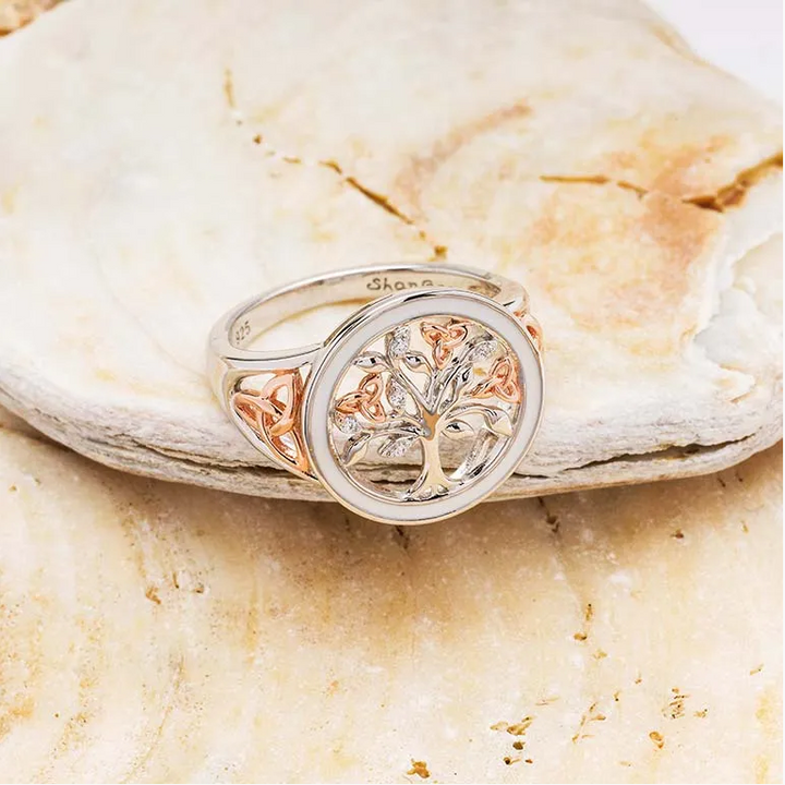 Shanore Sterling Silver Tree of Life White Enamel Cubic Zirconia Ring