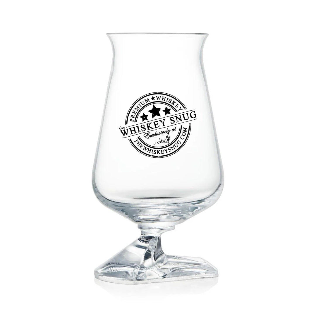 Clear whiskey glass with 'Whiskey Snug' branding on a white background