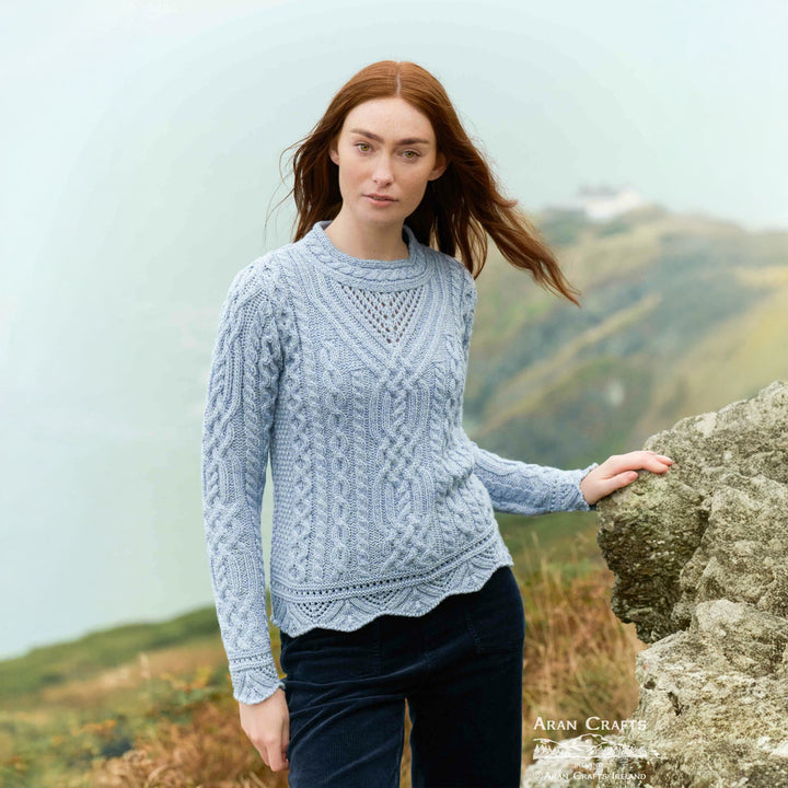 Scallop Hem Merino Wool Crew Neck Sweater for Women