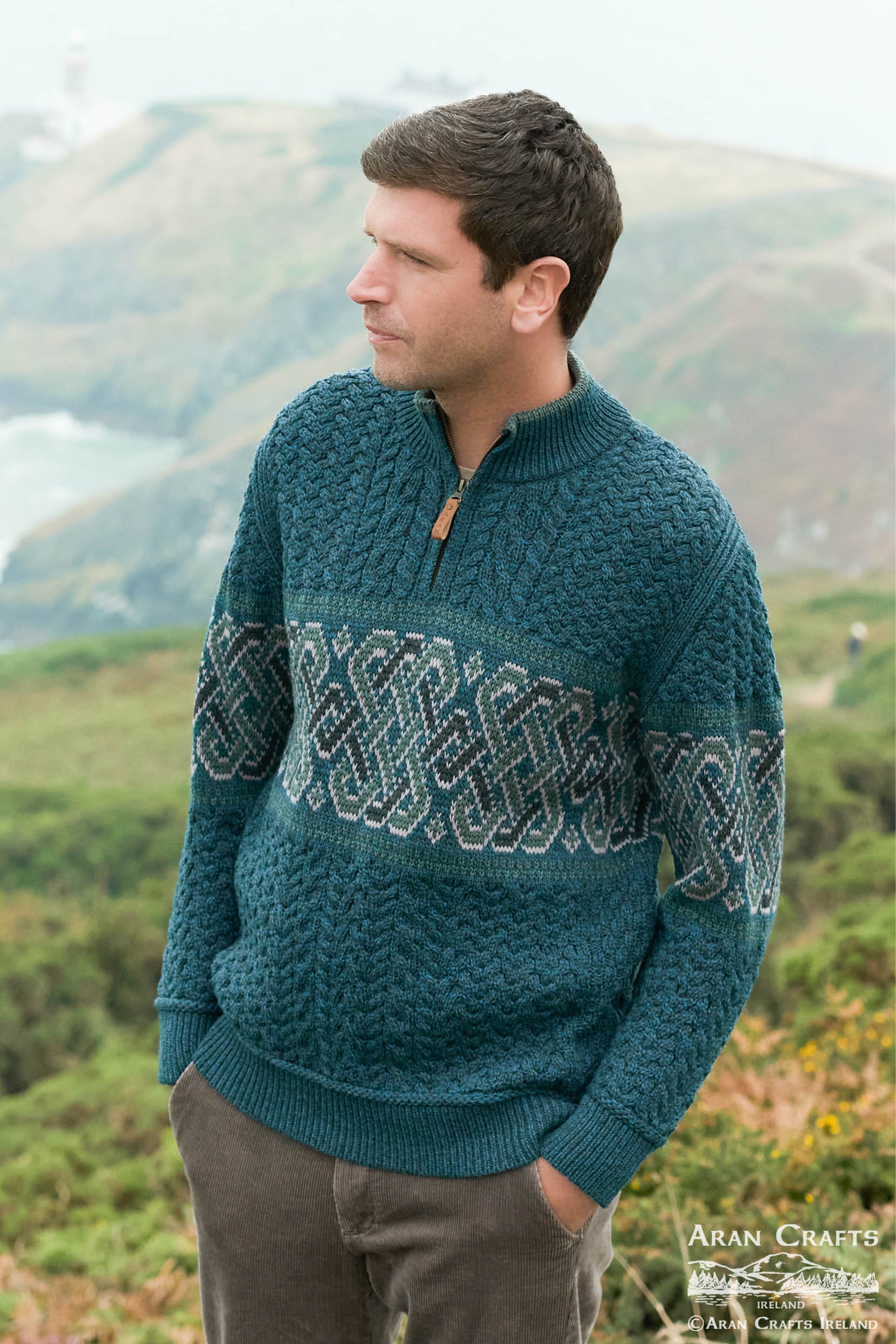 【561-5632】SIGNATURE POINTY RIB KNIT Celtic Jacquard Half-Zip Sweater – Irish Merino Wool – The Celtic