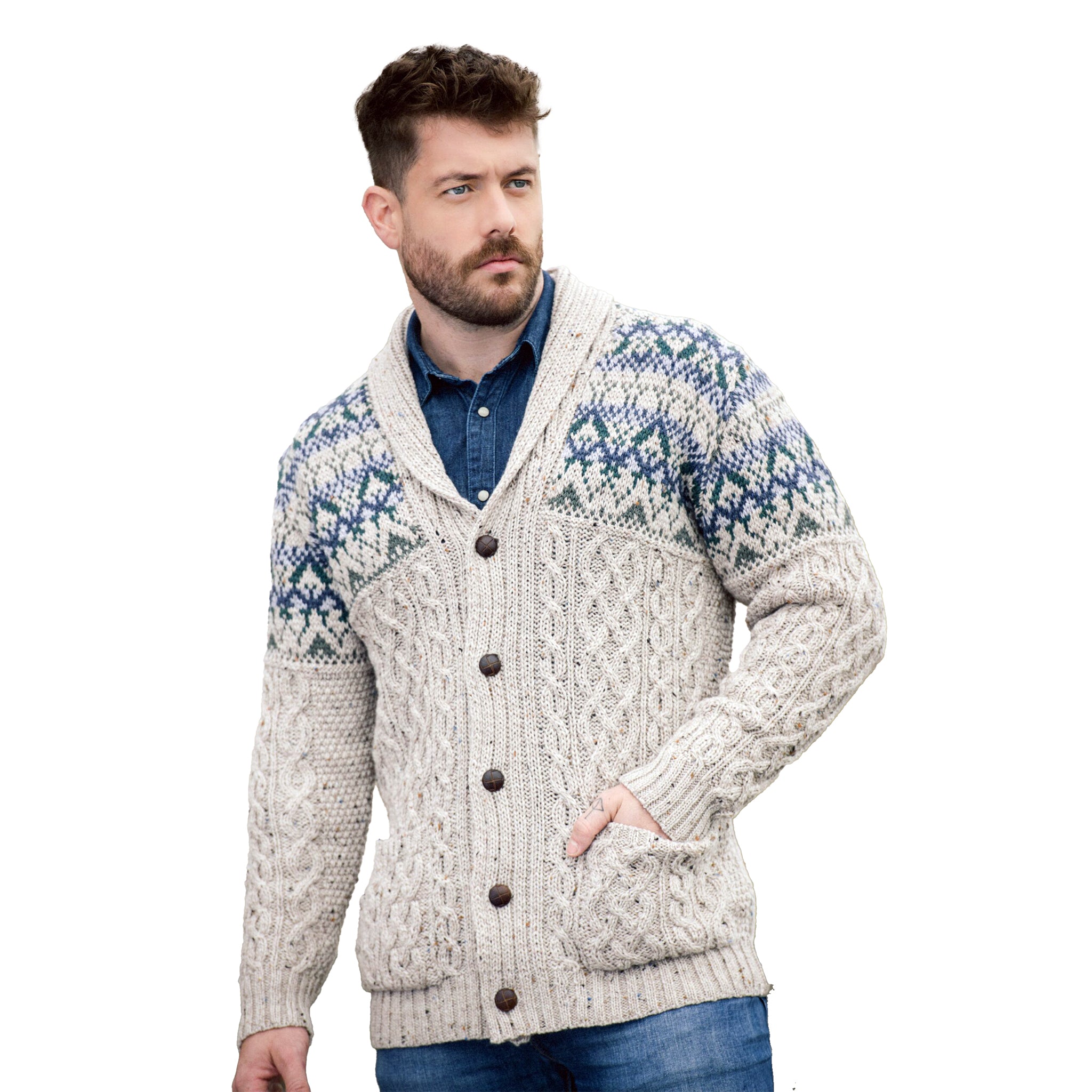 Men's Aran Cable Knit With Fair Isle Shawl Collar Cardigan – The