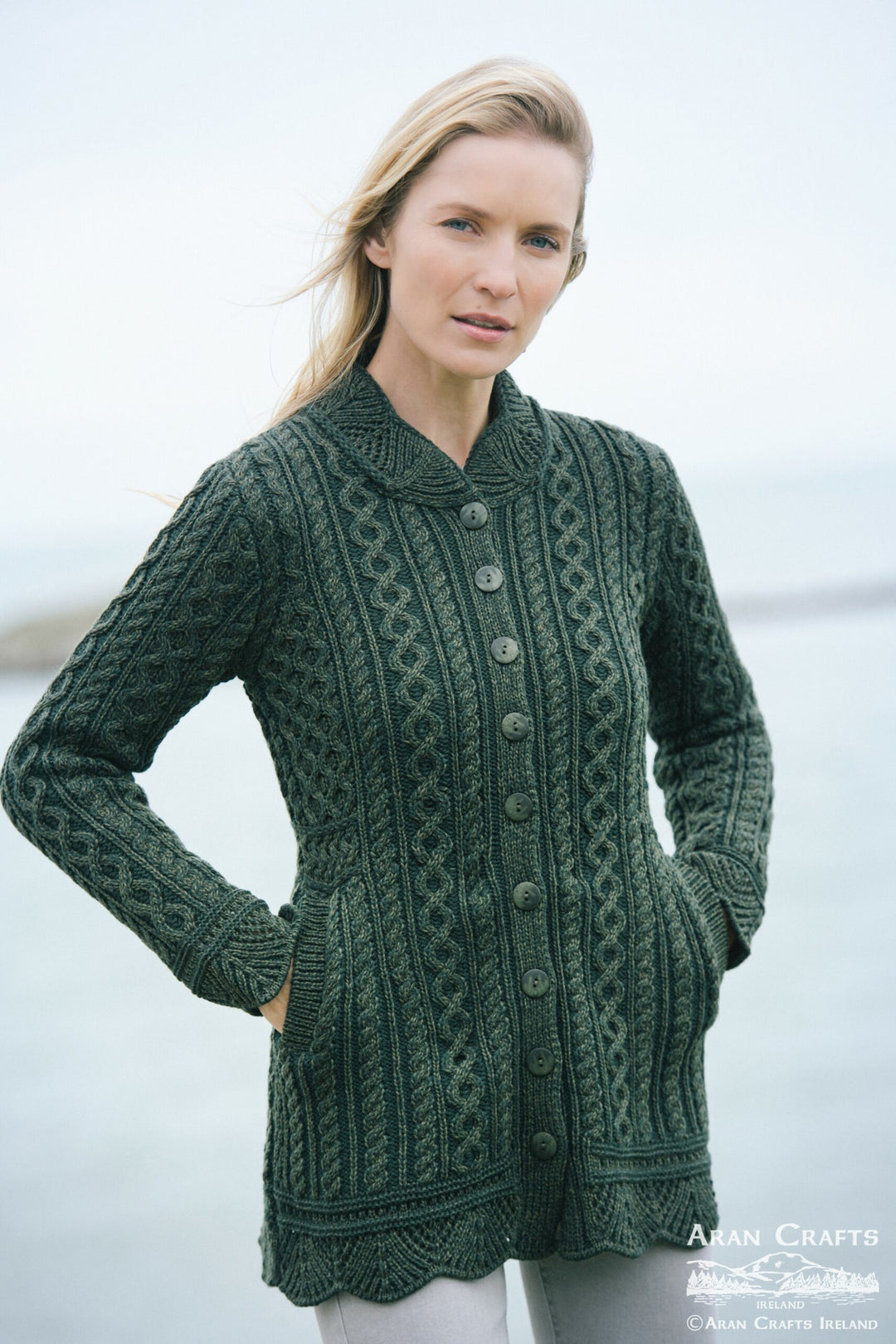 Women’s Short Pleated Scallop Cable Knit Jacket – 100% Merino Wool