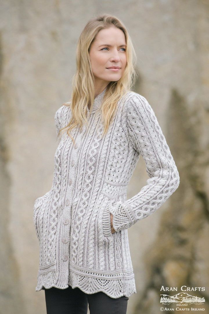 Women’s Short Pleated Scallop Cable Knit Jacket – 100% Merino Wool