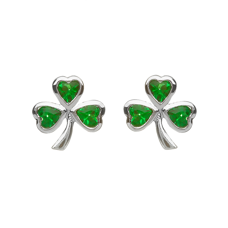 silver green shamrock cubic zirconia earrings