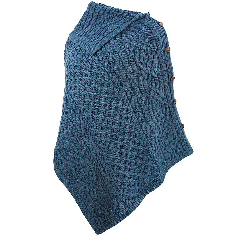 side view of mallard cowl neck button poncho by west end knitwear