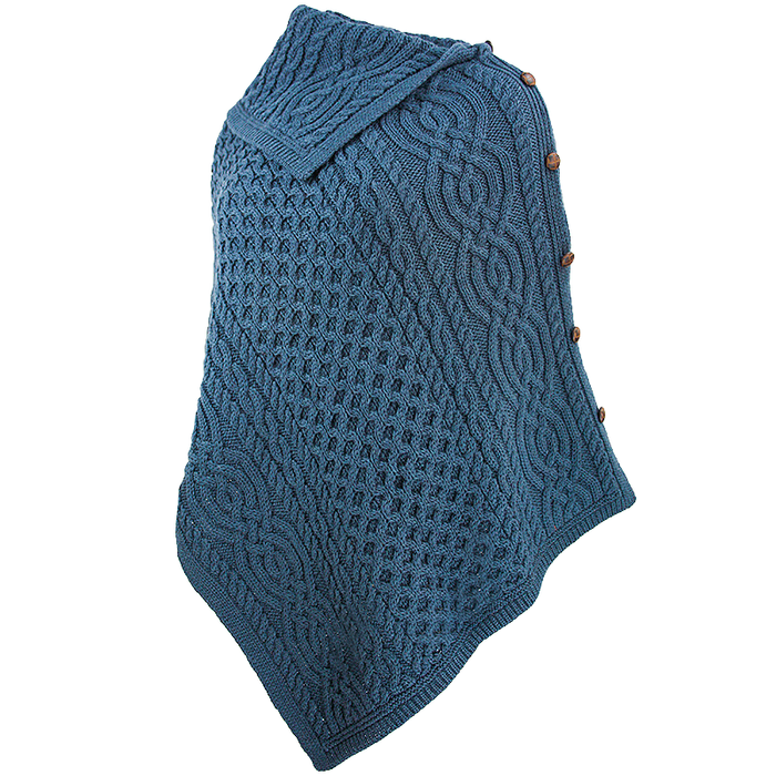 side view of mallard cowl neck button poncho by west end knitwear