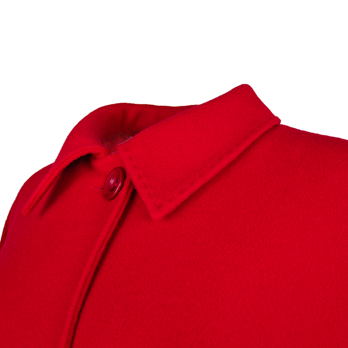 button close up of red jimmy hourihan pure new wool and cashmere cape