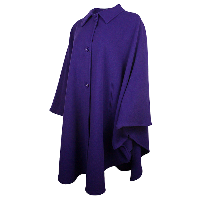 side view of purple jimmy hourihan pure new wool and cashmere cape