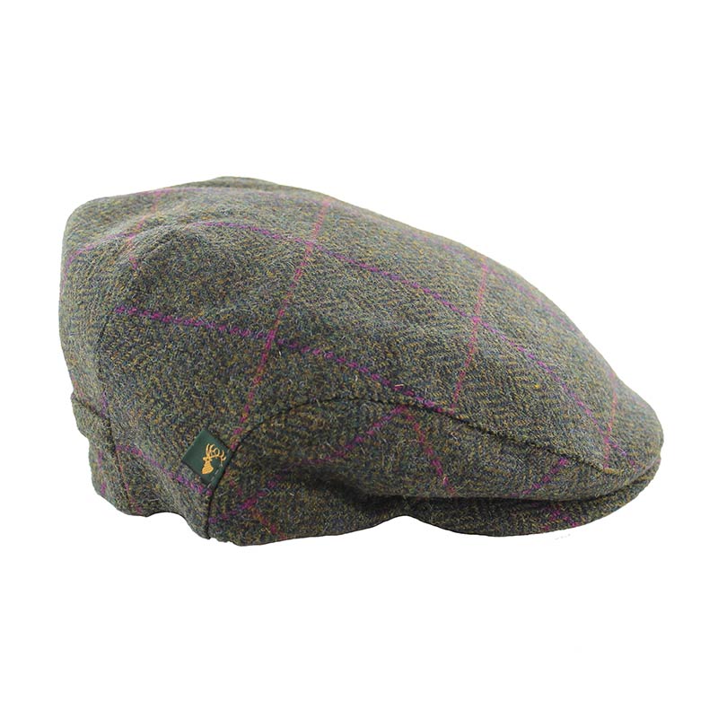 Irish Wool Mucros Weavers Trinity Flat Cap Green offers Purple Line Herringbone