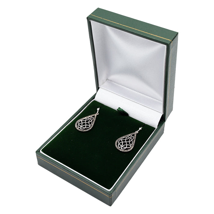 Sterling Silver Celtic Pear Shape Marcasite Drop Earrings