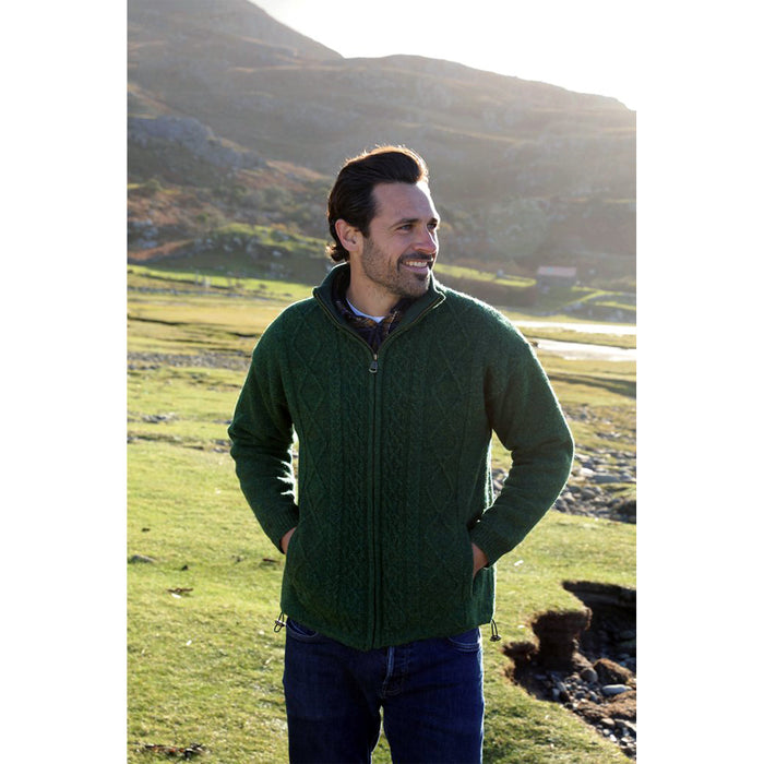 male model of cedar green full zip merino wool sweater jacket by aran woollen mills