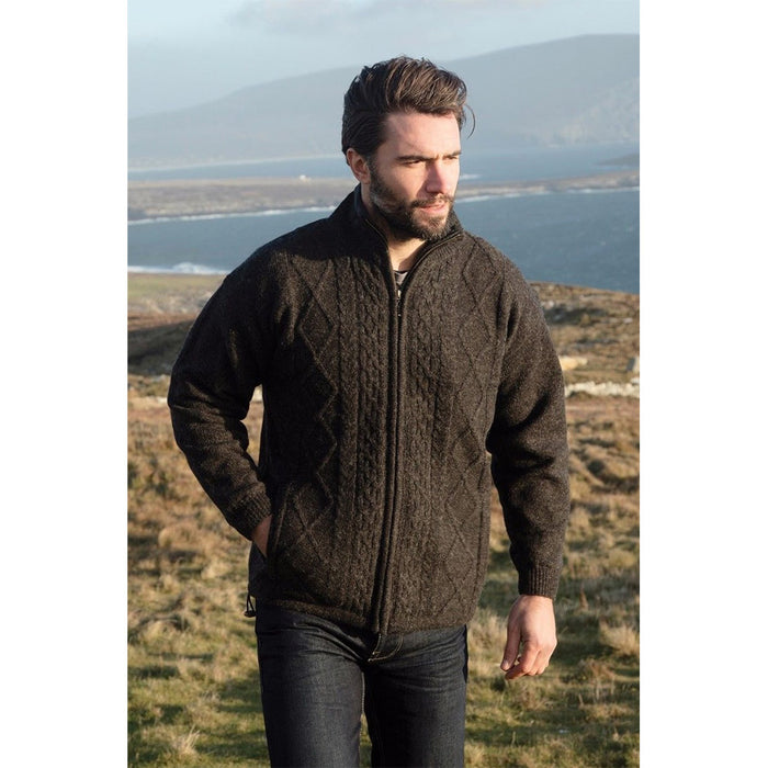 male model of charcoal full zip merino wool sweater jacket by aran woollen mills
