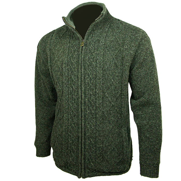 side view of mens aran woolen mills green full zip sweater cardigan