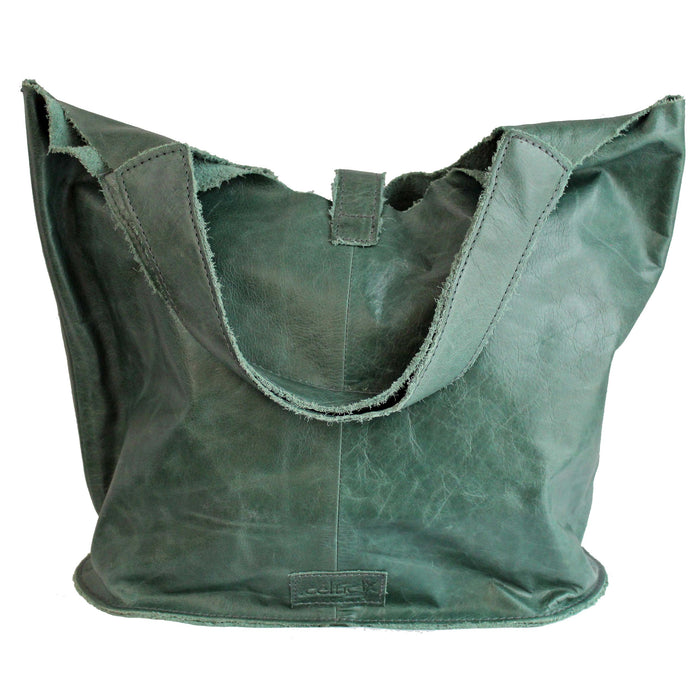back of green Distressed Leather Tote with Buckle by The Celtic Ranch