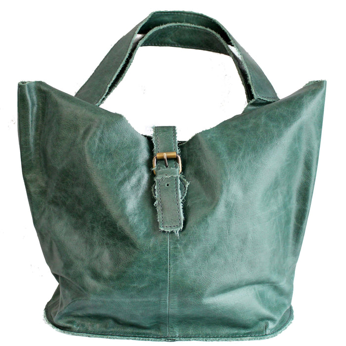 front of green Distressed Leather Tote with Buckle by The Celtic Ranch