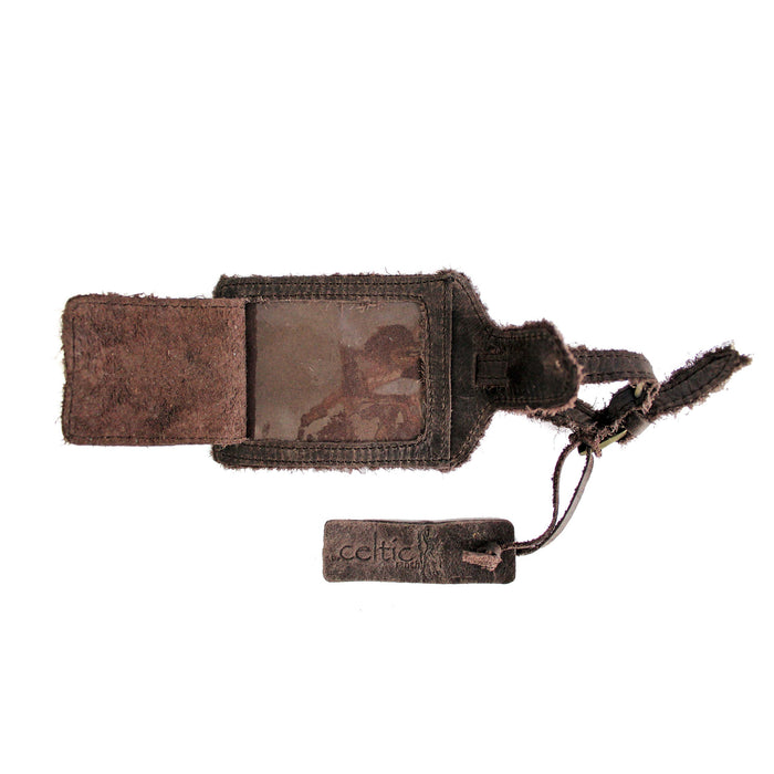inside of coffee brown distressed leather luggage tag by celtic ranch