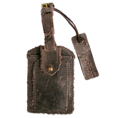 front of coffee brown distressed leather luggage tag by celtic ranch