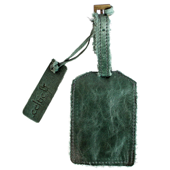 back of green distressed leather luggage tag by celtic ranch