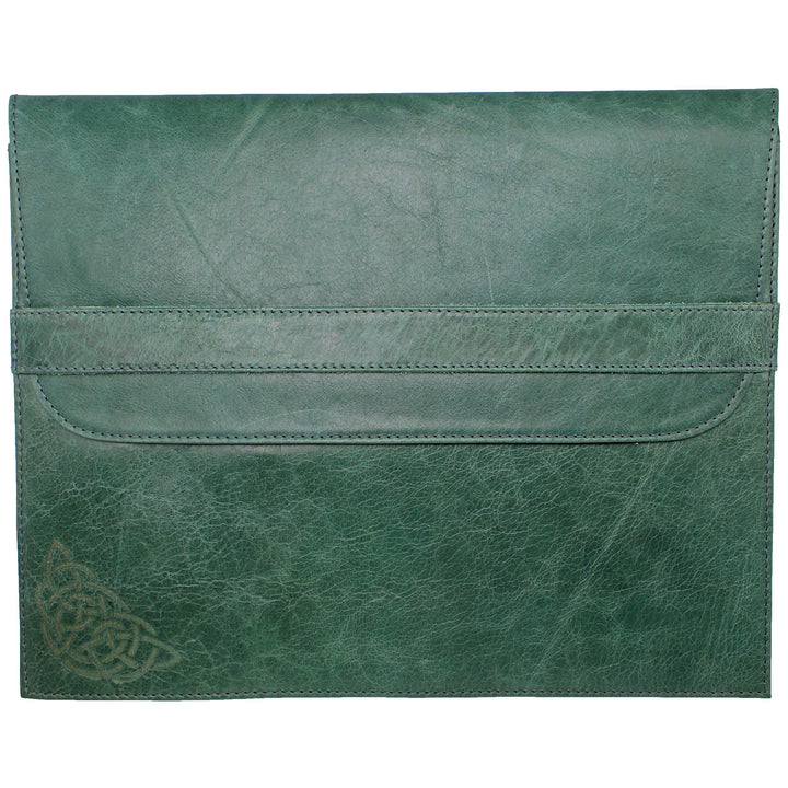 back of green leather file folder macbook laptop cover by celtic ranch