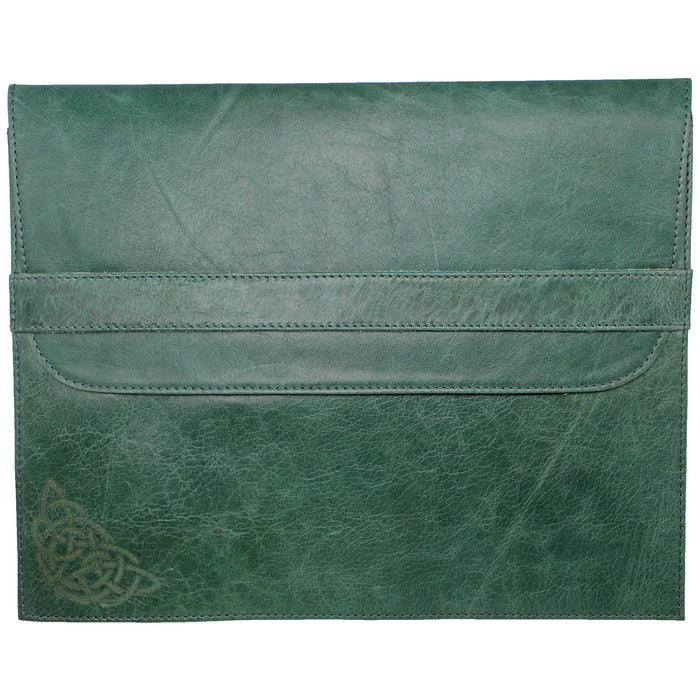 back of green leather file folder macbook laptop cover by celtic ranch