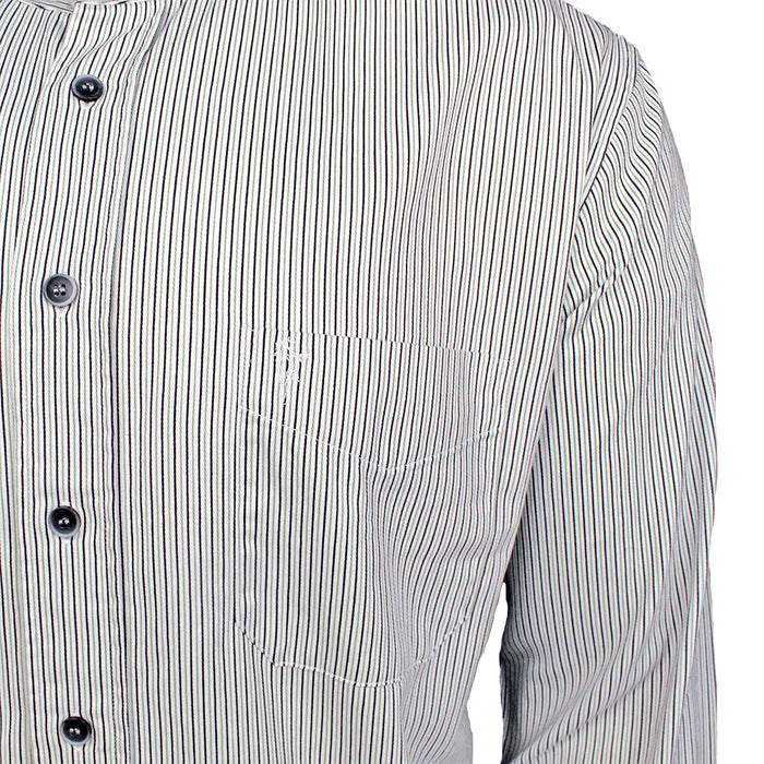 close up of buttons and pocket of the black and white stripe grandfather shirt by celtic ranchwear