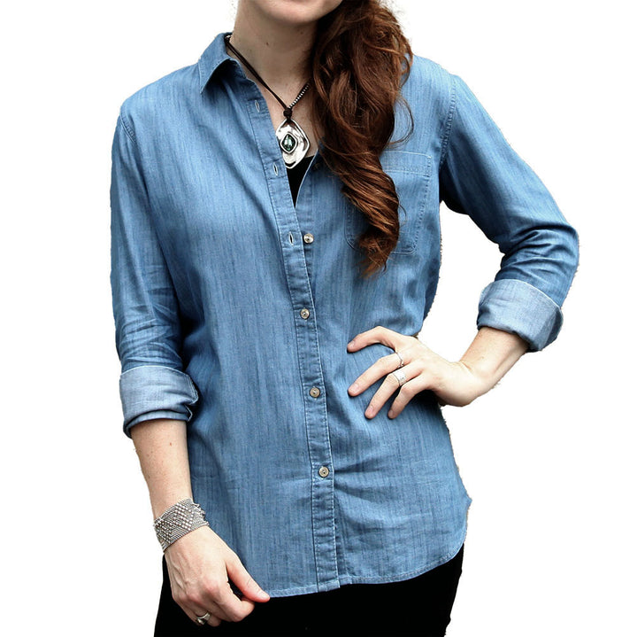 The Celtic Ranch Women's Classic Long Sleeve Button-Down Denim Shirt